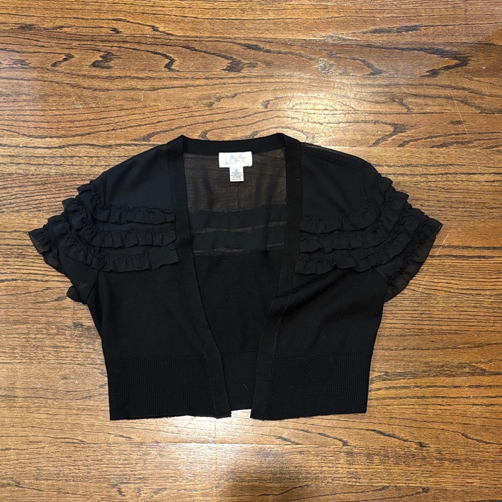 LOFT Black Ruffle Sleeve Shrug